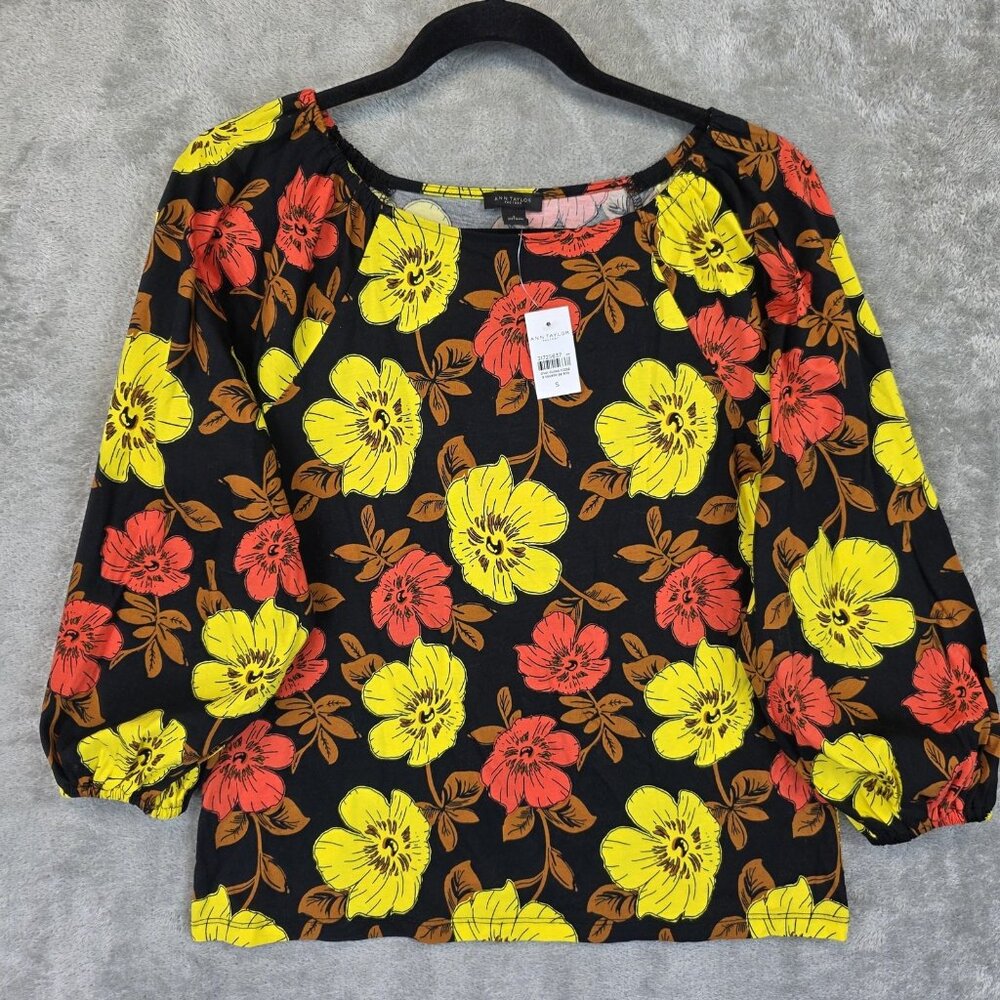 Ann Taylor Factory Blouse Womens Small Black Yellow Red Floral Peasant S565400